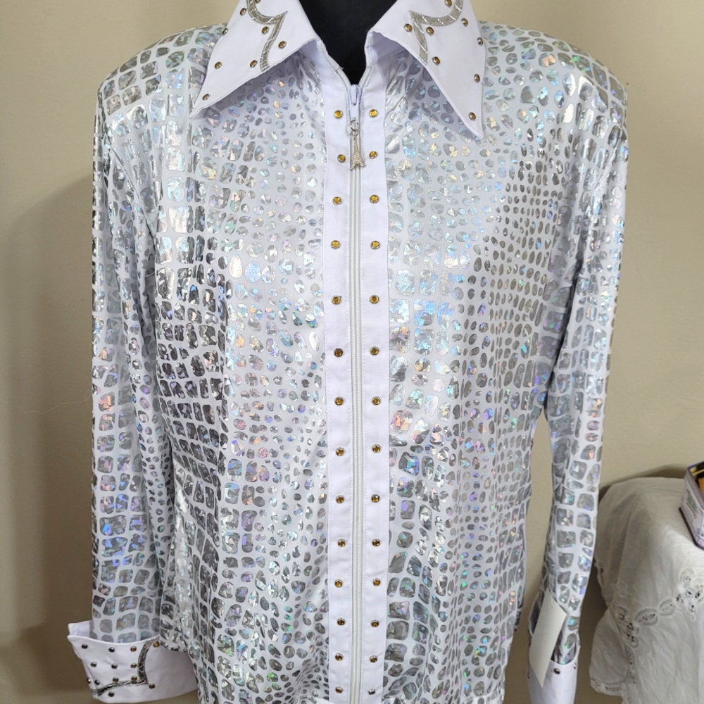 🙏 JC APPAREL Womens Silver Sequin Dress Shirt Sz XL Costume Long sleeve
